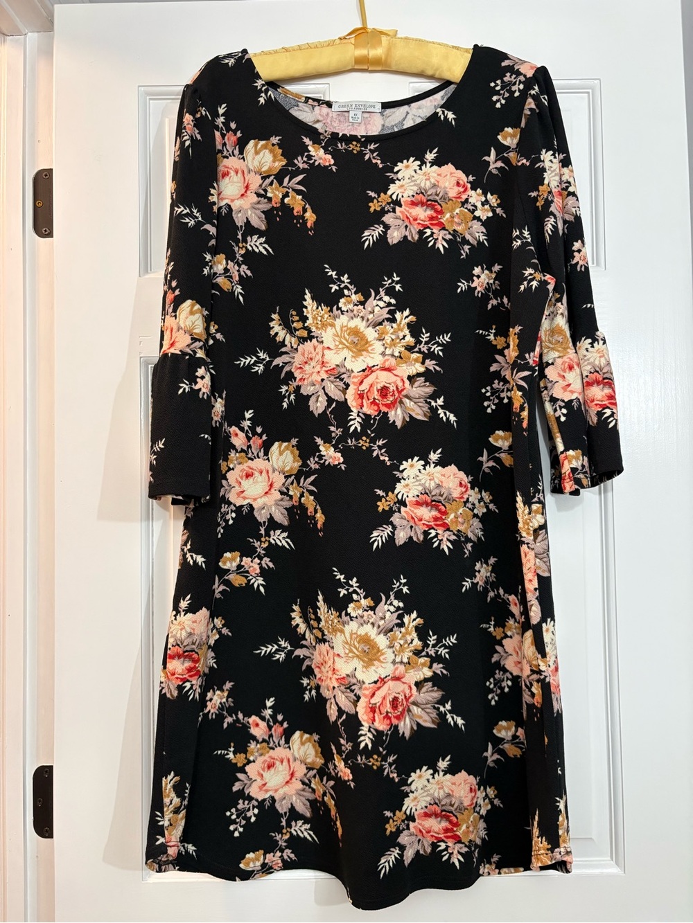 Green Envelope Black Floral Fit-and-Flare Dress with Pink & Gold Blooms Size 1X